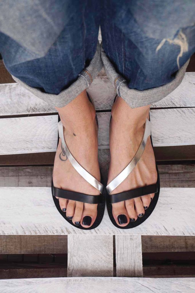 Sandale dama piele naturala FUNKY STRIPES, negru - argintiu